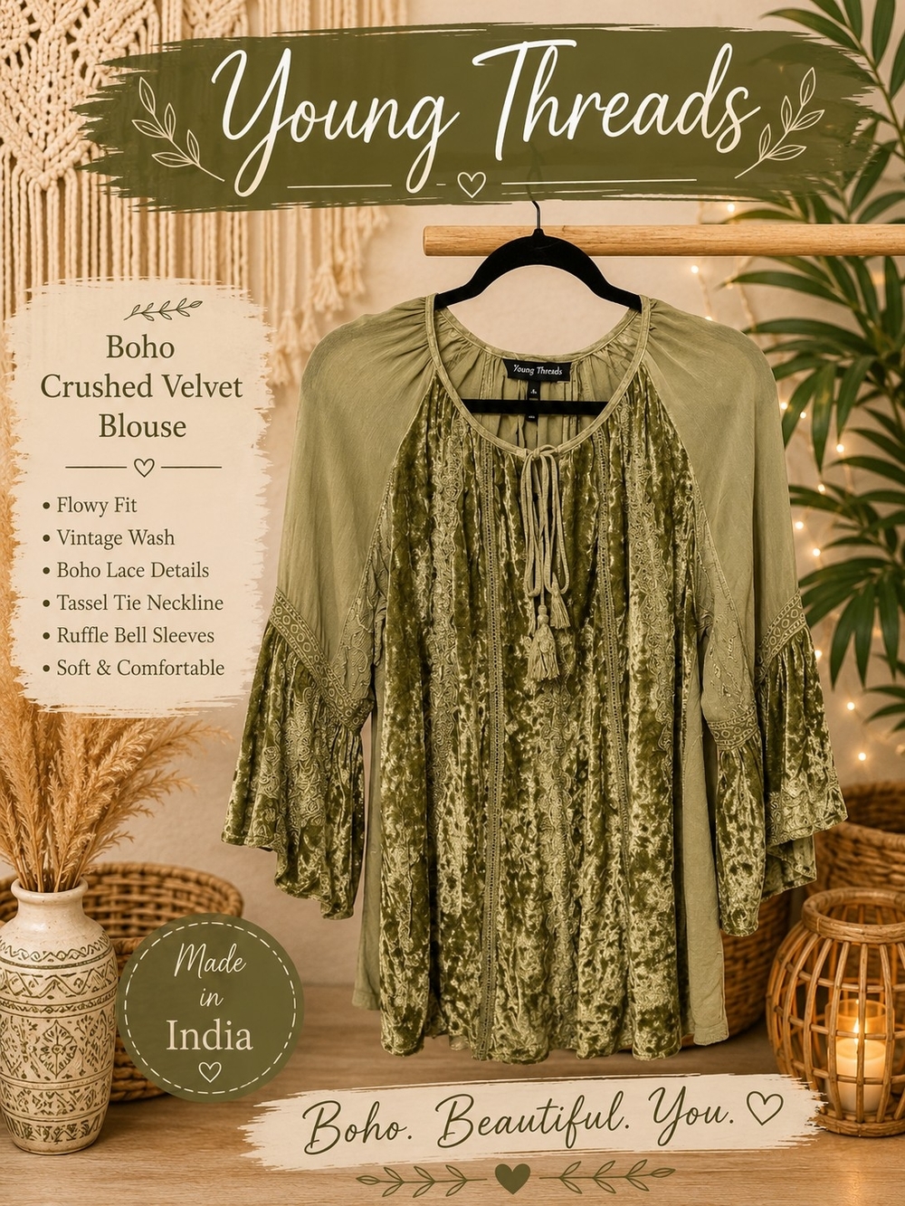 Young Threads Olive Crushed Velvet Boho Blouse with Tassel Tie